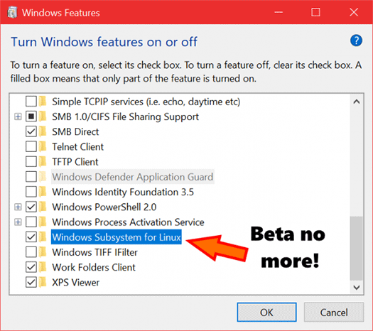 Windows Subsystem for Linuxの設定画面