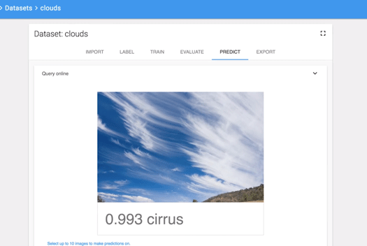 Cloud AutoML Vision APIの画面。学習させたあと、あらたな画像で巻雲かどうかを判別させてみた