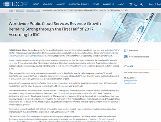 Worldwide Public Cloud Services Revenue Growth Remains Strong through the First Half of 2017, According to IDC