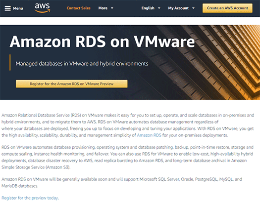 Amazon RDS on VMwareのページ