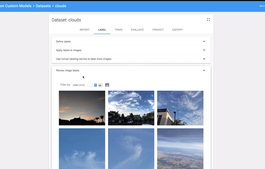 Cloud AutoML Vision APIの画面。ユーザー学習用の画像を用意