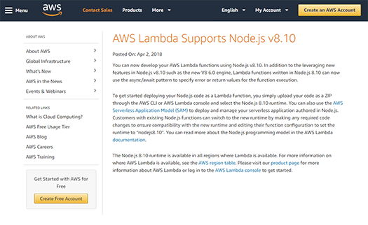 AWS Lambda Supports Node.js v8.10