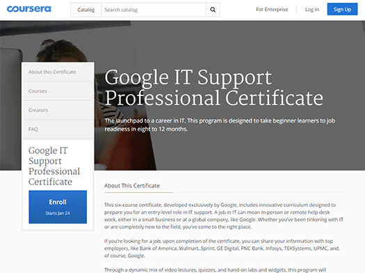 Google IT Support Professional CertificateのWebサイト