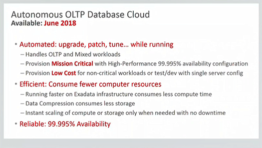 Oracle Autonomous OLTP Database Cloudは6月登場
