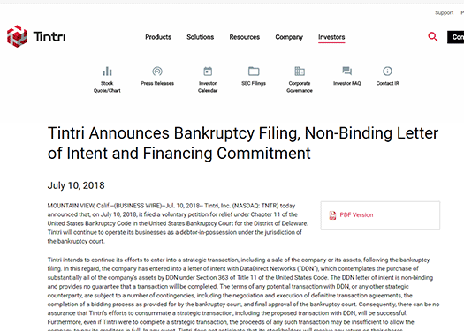 Tintri、破産申請のプレスリリース