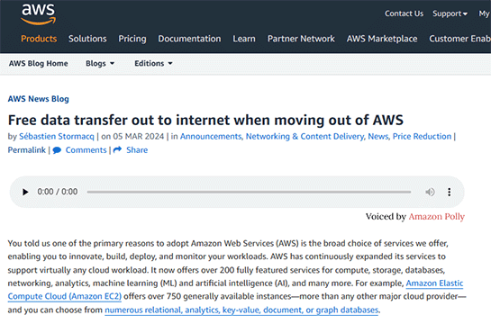 AWS、他社のクラウドへ移行する際にはインターネットへのデータ転送料金を無料にすると発表