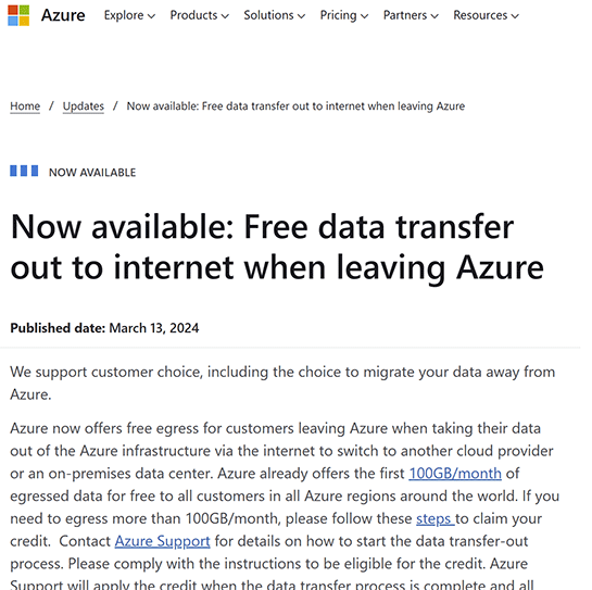 Microsoft Azureも解約時のデータ転送料を無料に