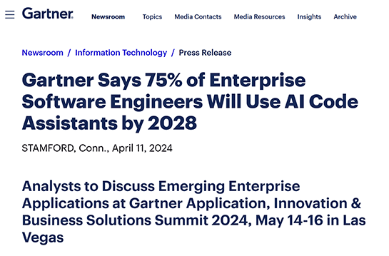 米ガートナー、2028年までにエンタープライズソフトウェアエンジニアの75％がAIコードアシスタントを利用するとの予測