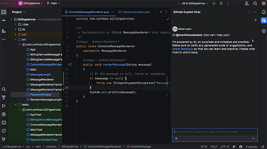 JetBrains IDEでGitHub Copilot Chatを利用している様子