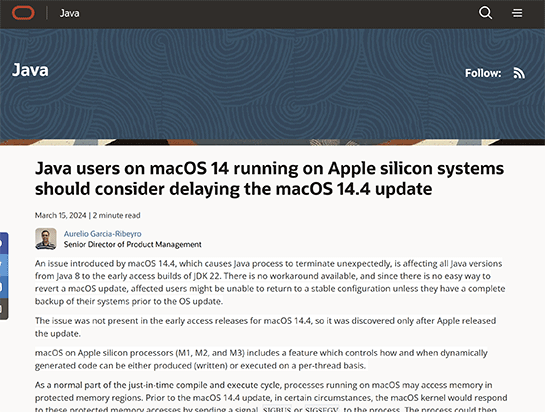 オラクル、macOS Sonoma 14.4でJavaが予期せず終了すると注意喚起