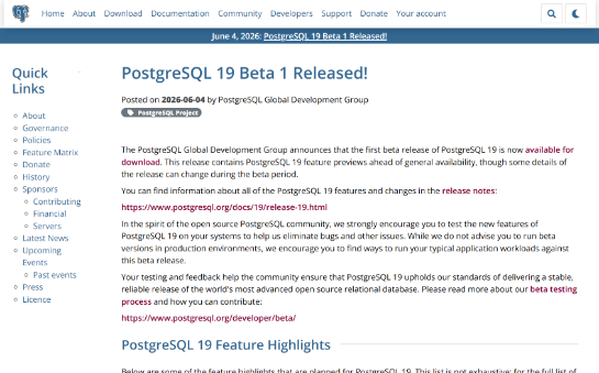 PostgreSQL 19ベータ版が登場。I/Oワーカーの自動スケール、Autovacuumの改善など新機能