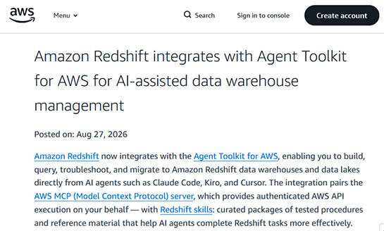 Amazon Redshift와 Agent Toolkit for AWS의 통합: AI 에이전트가 데이터 분석을 주도하는 시대