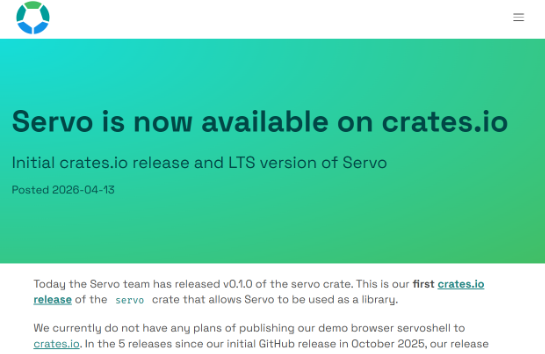 Rust製ブラウザエンジンのServo、Rust公式レジストリ「Crates.io」でリリース開始。長期サポート版も提供へ